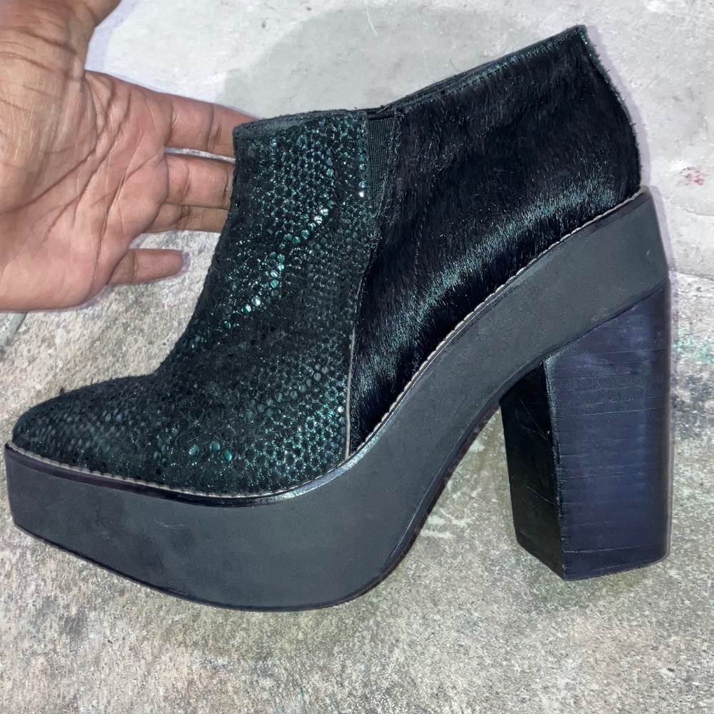 Black and green pony platform ankle booties